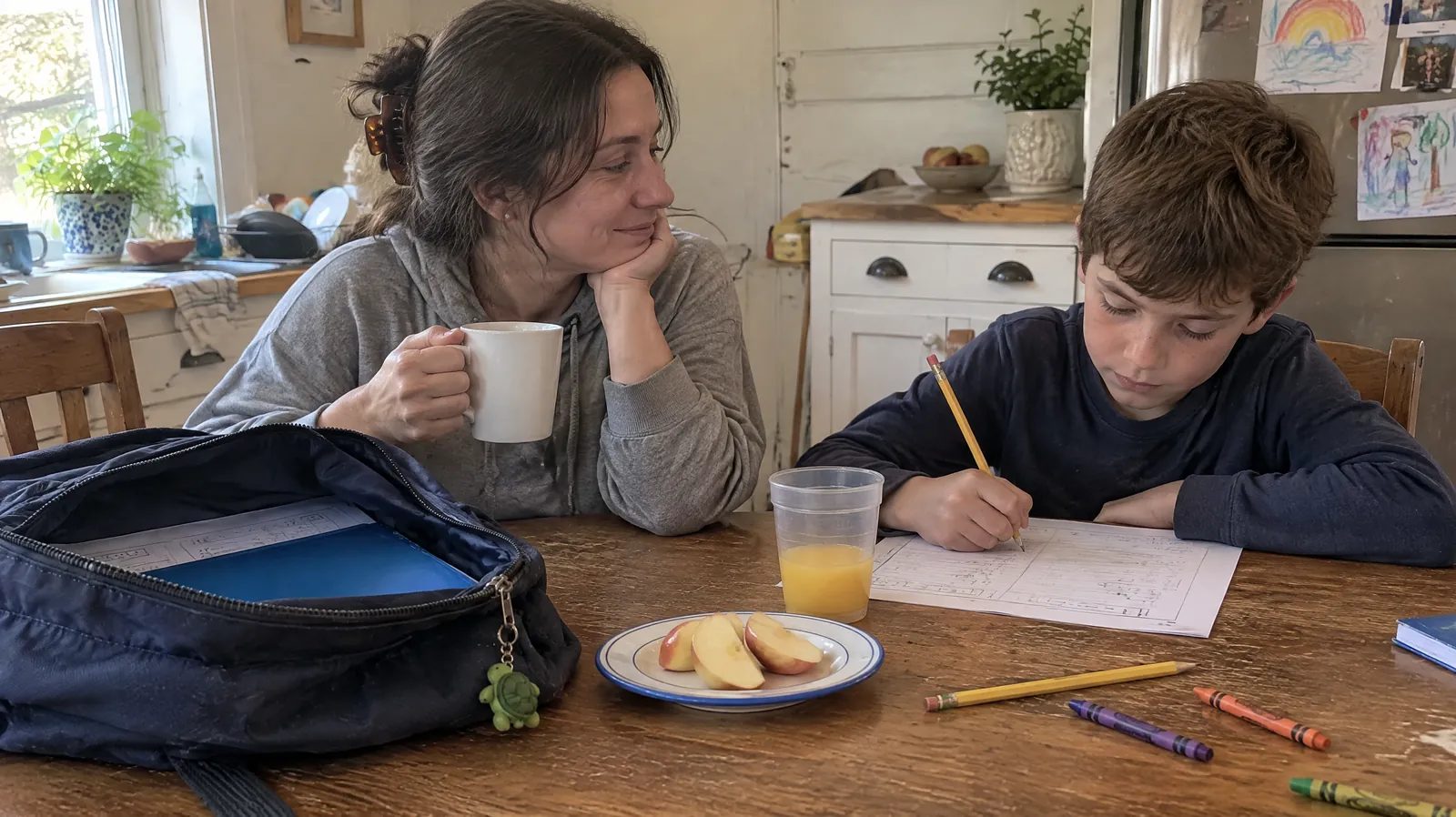 A mom and her son at the kitchen table after school