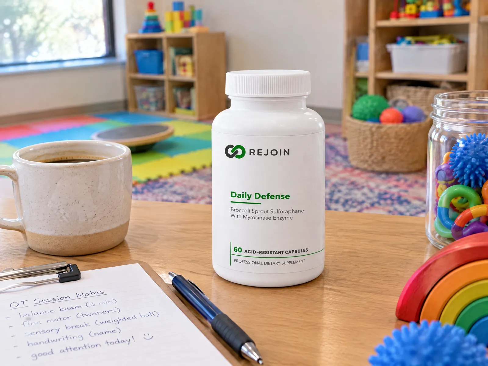A bottle of Rejoin Daily Defense on a desk in a pediatric therapy clinic