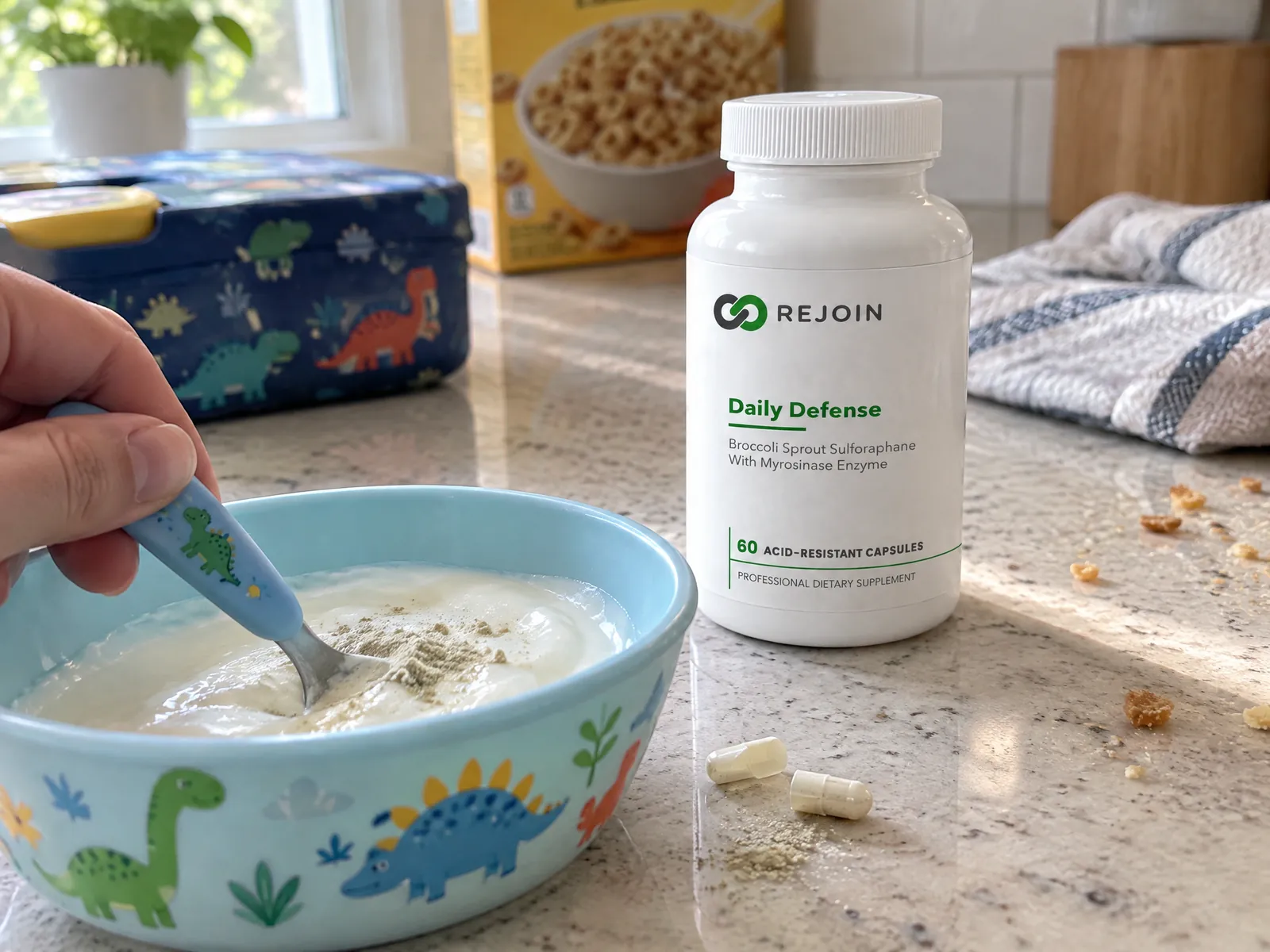 Rejoin Daily Defense bottle beside a bowl of yogurt with capsule powder stirred in