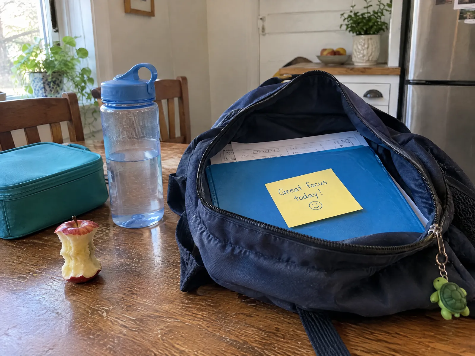 An open school backpack with a sticky note reading Great focus today